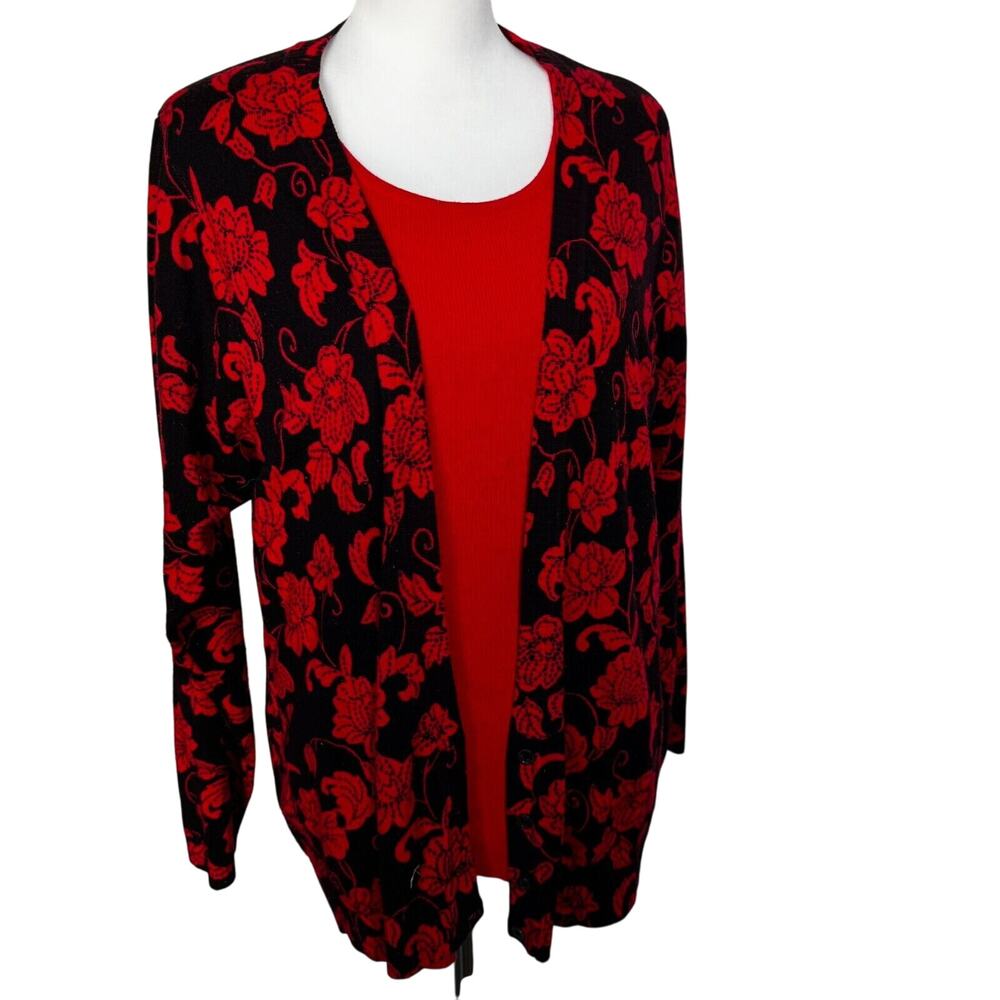 C.D. Daniels Women's 1X Black Red Roses Floral Open Cardigan‎ Attached Sweater